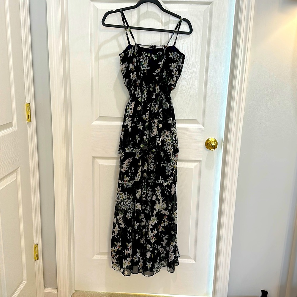 Plain and prints brand long dress, black with whit flower prints